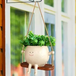 Pots Lovely Swing Face Planter Pot with Twine Creative Resin Succulent Plants Hanging Planter Home Decoration for Indoor and Outdoor