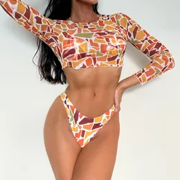 Women's Swimwear 3-piece European and American sexy print long-sleeved split swimsuit tie beachwear Fashion