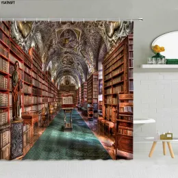 Curtains European Architecture Library Shower Curtain 3D Retro Bookshelves Creative Books Bathroom Supplies Cloth Curtains Decor Washable