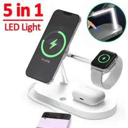 5 I 1 Magnetic Wireless Charger Stand för Apple iPhone 14 13 12 15 Pro Max Watch 8 7 AirPods induktion USB QI Fast Charging Station med LED -ljus