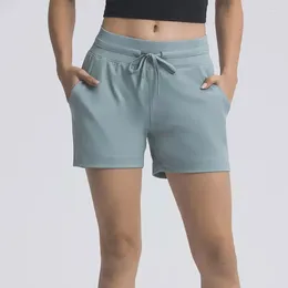 Shorts de corrida todos os dias 4 "inseam drawstring yoga esporte treino feminino cintura média lazer ginásio fitness com bolsos