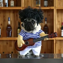 Engraçado animal de estimação guitarrista cosplay cão traje guitarrista vestir-se festa halloween ano roupas para pequenos gatos franceses 3 y200330319e