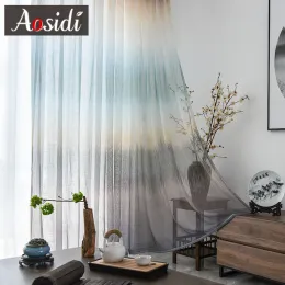 Curtains AOSIDI Modern Dream Color linen Tulle Curtains For Living Room Bedroom Window Rainbow Gradient Striped Sheer Curtains Drapes 3D