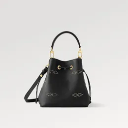 Explosion Women's Neonoe BB M46734 bucket bag Black studs Large inside central zipped pocket top handle removable shoulder strap Gold-color hardware designer