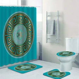 Cortinas elegantes turquesa azul ouro meandro chave grega cortina de chuveiro e tapete de banho conjunto antigo mandala abstrato tapetes de banheiro decoração de casa