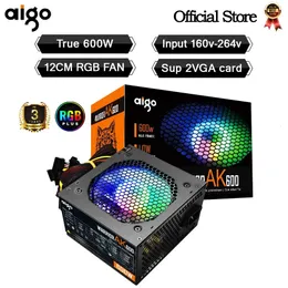 Aigo AK Alimentatore PC PSU da 600 W Nero Gaming Silenzioso Ventola RGB da 120 mm Alimentatore per computer desktop ATX da 24 pin 12 V per BTC 240307