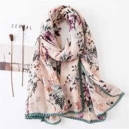 Sparsil Women Spring Cotton Linen Scarf Flower Print Short Tassel Soft Wraps Summer Sun Protection Beach Shalws Long Scarves J1215253B