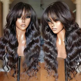 Body Wave Human Hair Wigs with Bangs 180% Density Remy Indian Wig with Bangs Full Machine Made Fringe Wig Human Hair Natural Wig