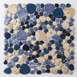 Sfondi Blu Beige Ciottoli Fambe Mosaico in ceramica smaltata Piastrella campione per pavimento del bagno Decorazione per piscina Adesivo da parete258G