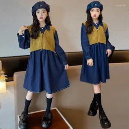 衣類セット韓国春秋のジュニアガール2pcs服セットティーンエイジャーデニム長袖ワンピースドレスニットベストガールズ4-12yrs