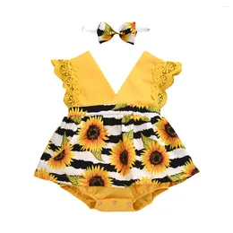 Rompers Citgeesummer 0-24M Born Baby Birds Bodysuit Dress HinflowersプリントレーススリーブジャンプスーツヘッドバンドTutu Skirts 2PCS