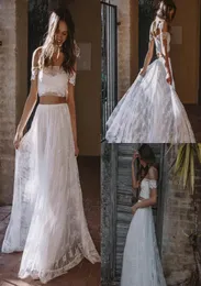 2019 Bohemian Wedding Dresses A Line Two Pieces Off the Shoulder Lace Appliciques Boho Bridal Glowns Sweep Train Plus Size Wedding DR2595003