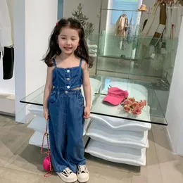 Conjuntos de roupas Coreano Primavera Verão Crianças Menina 2 PCS Set Curto Deslizamento Colete Sólido Denim Calça Reta Criança Outfit Kid Terno