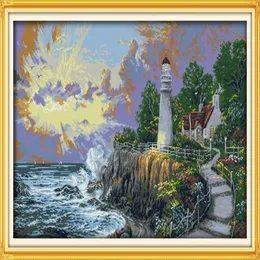 The beacon light tower seaside home decor painting Handmade Cross Stitch Embroidery Needlework sets counted print on canvas DMC 1296B