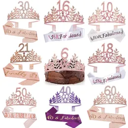 Queens Birthday Crown 6 16 18 21 30 50 Ribbon Crystal Tiara Princess Birthday Bar Mitzvah Party Anniversary Decoration Supplies 240307