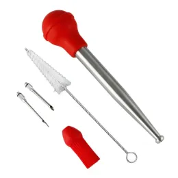 Aprons BBQ Cooking Chicken Turkey Poultry Baster Syringe Stainless Steel Rubber Bulb Manual Pump Injector With Needle & Cleaning Brush