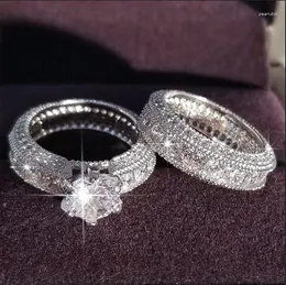 Anelli a grappolo 2 pezzi / set Squisito anello in argento 925 con zaffiro bianco Gioielli per feste Promessa Regalo Fidanzamento Fede nuziale