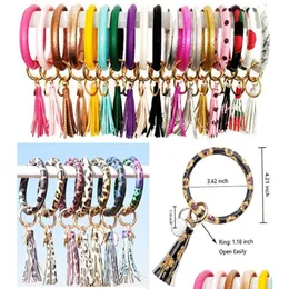 Party ForeD Fashion Women Girls Tassels Armband Pu Leather Wrap Key Ring Leopard Lily Print Keychain Wristband Drip Oil Circle Bangl Otezr