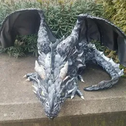 Skulpturen Exquisite handgefertigte Drachenskulptur aus Kunstharz, lebensechte, realistische große hockende Drachenstatue für die Garten-, Terrassen- und Hinterhofdekoration