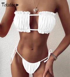 Totatoop trägerloser, mit Schnürung versehener, gerüschter Bikini-Sets für Damen, Sommer, ausgehöhlter, gesmokter Bandeau-Zweiteiler-Badeanzug, weiblich, 4240559