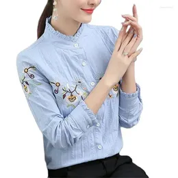 Women's Blouses Ladies Cotton Shirts Spring Autumn Clothes Collar Women Tops Embroidered Profession Stand Long Sleeves Blouse