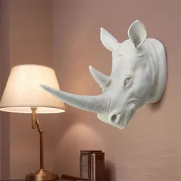 KiWarm Resin Exotic Rhinoceros Head Ornament White Animal Statues Crafts for Home el Wall Hanging Art Decoration Gift T200331328T