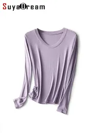SuyaDream Womens Wool and Silk Blend T-Shirt Round Neck Long Sleeved Basic Tee Monochromatic Pink White Fall Winter240313