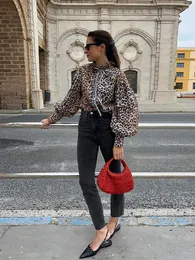 Women's T Shirts Women Vintage Leopard Print Loose Puff Long Sleeve Shirt Chic Ruffle Stand Neck Bow Tie Top 2024 Spring Lady Casual Commute