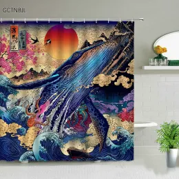 Set Ocean Tier Tintenfisch Wale Meer Schildkröten Duschvorhänge Kreativität Design Badezimmer Badevorhang Badewanne Dekor Stoffsets mit Haken