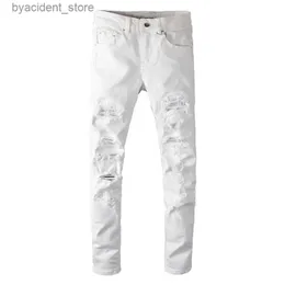 Jeans masculinos Sokotoo Mens Branco Cristal Buracos Rasgado Jeans Moda Slim Skinny Strass Stretch Denim Calças L240313