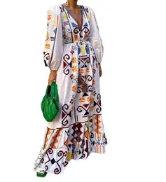 Women's designer holiday style lantern sleeve printed maxi dress floor-length dress