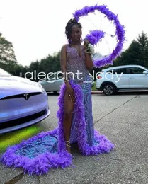 Lilac Purple Purple Sparkly Mermaid Prom Dresses for Women Luxury Diamond Crystal Feather Slit Slit Evening Party Dress 2024