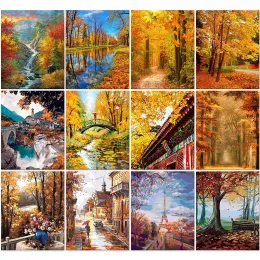 Liczba jesienna sceneria 60x75 cm Malarstwo olejne DIY według liczb Zestawy Paluj liczbami na płótnie bezramkowane ręczne malowanie ręki wystrój domu