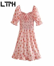 Ltph doce vintage gola quadrada manga puff vestido feminino pêssego impressão cintura alta elástico babados vestidos primavera verão 2104235447724