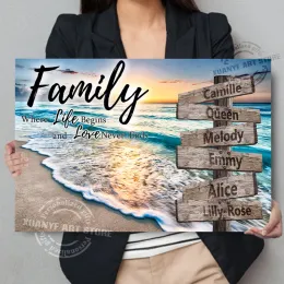 Calligrafia personalizzata Sunset Beach Famiglia dove la vita inizia L'amore non finisce mai Citazioni ispiratrici Arte della parete su tela Targa con nome Pittura personalizzata