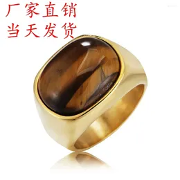 Cluster Rings Gold/Steel Color Retro Tiger Eye Brown Stones for Men Women Classic Elegant Simple Rostly Steel Stone Ring Smyckespresent