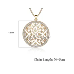 Pendant Necklaces Elegant Big Round Crystal Necklace Sier/Gold Color Hollow Out Long Chain Statement Jewelry For Women Gift Female Col Dhsyu