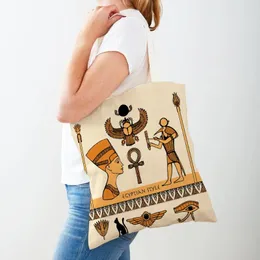 Sacos de compras moda antigo egito totem faraó ambos os lados saco de lona reutilizável dos desenhos animados anubis senhora estudante shopper para mulher