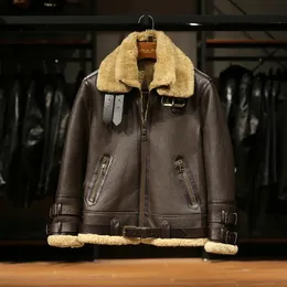 الشتاء B3 shearling دافئ ذكي غير رسمي مزدوج المزدوج قاذفة القاذفة خمر الرجال بني صوف صوف فرو أصلي سترات جلدية الجلود