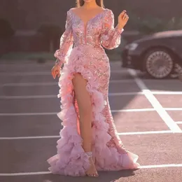Robust rosa mesh paljett lång klänning för kvinnors sexig delad stil lyxig aftonklänning golvlängd elegant kulklänning 240313