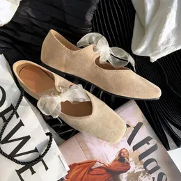 Casual Shoes Elegant Riband Lace Up Moccasins Femme Sneakers Shallow Cozy Flats Bowknot Flock Loafers All-match Square Toe Ballet Women