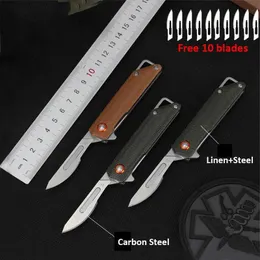 Camping Hunting Knives Miniature Folding Knife Box Cutter Linen Handle Interchangeable Blade EDC Keychain Craft Binding Knife Survival Emergency Scalpel 240315