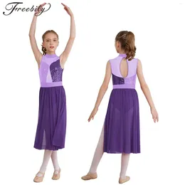 Scene Wear Kids Girls Modern Lyrical Dance Dress Sleeveless Paljett Sidan Split Mesh Leotard Dresses For Ballet Figure Skating Gymnastics