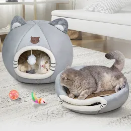 Mattor söta vinterlånga plysch Pet Cat Bed Round Cat Cushion Cat House 2 i 1 varm kattkorg Cat Sleep Bag Cat Nest Kennel för hundkatt