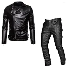 Men's Tracksuits Foreign Trade Autumn Motorcycle Suit Leather Jacket Pants Two-piece PU Casual Medieval Clothing