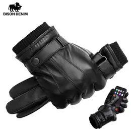 BISON DENIM Men's Genuine Leather Gloves Touch Screen Gloves for Men Winter Warm Mittens Full Finger handschuhe Plus Velvet S297g