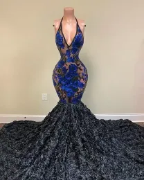 Yeni Varış Sequin Siyah Kızlar Denizkızı Prom Elbiseleri 2024 Artı Boyut Derin V Boyun Sizli Prom Elbise 3d Gül Çiçekleri Balo Gowns