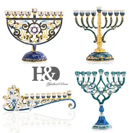 HD -handmålad emalj Floral Hanukkah Menorah Candlestick 9 gren Candelabra utsmyckad med Crystals Star of David Hamsa2840