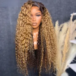 200% Glueless Curly Simulation Human Hair Wigs Honey Blonde Brown 13x4 Water Wave Spets Frontal Wig Ombre Blond Black Wear Go Brasilian Spets Wig Wig Wig
