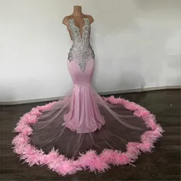 Pink Sexy Sparkly Mermaid Prom Dresses for Black Girls Beads Feathers Graduation Party Gowns Evening Dress Vestidos De Fiesta